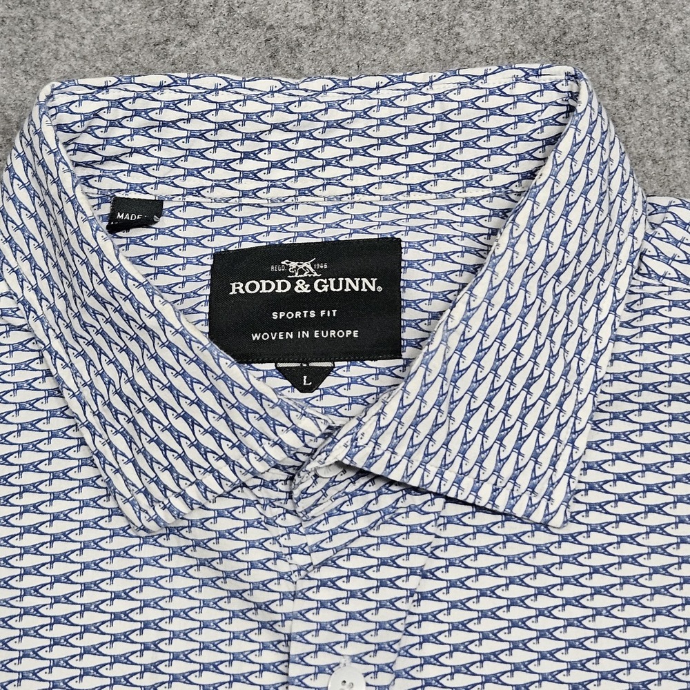 Rods & Gunn Men's Large Fish‎ Patterns Button Shirt White Blue EUC! Sports Fit